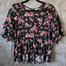Black Rayon Blouse, Scoop Neck 3/4 Sleeve, Size M