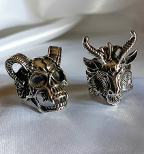 Adjustable Skull Signet Band Ring on Ball Chain, Antiqued Silver-Tone — listing 5