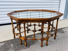 Vintage Octagonal Two-Tier Side Table with Beveled Glass Display Top and Brass Fluted Columns