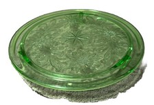 Green Uranium/Vaseline Glass Iridescent Carnival Plate with Embossed Sunflower/Daisy Floral Pattern