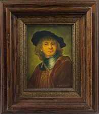 Old Master-Style Portrait Painting of a Young Man in Beret (After Rembrandt), Carved Giltwood Frame — listing 3