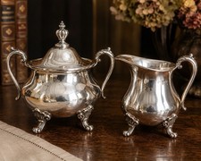 Vintage Silverplate Covered Sugar Bowl and Creamer Set with Gadroon Band and Scroll Handles — listing 2