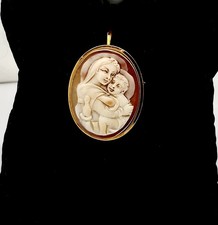 Antique Carved Shell Cameo Brooch, Our Lady of Mount Carmel (Madonna and Child), Gilt Frame, listing 5