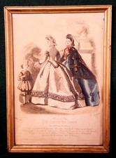 Antic French Hand-Colored Fashion Engraving "Le Petit Messager" in Oval Walnut Frame