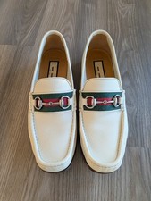 Gucci Men's Red Pebbled Leather Horsebit Driving Loafers with Web Stripe — listing 6
