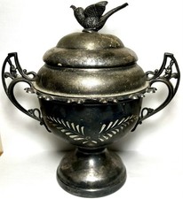 Antique Silver Plated Sugar Scuttle with Hinged Lid on Pedestal Base — listing 5
