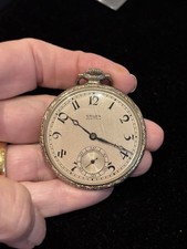 Gruen VeriThin Gold-Filled Open-Face Pocket Watch with Floral Engraved Dial and Chain — listing 3