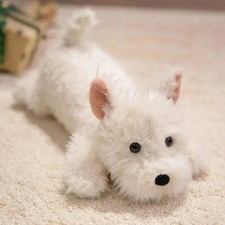 Cream White Plush Dog with Plaid Bow Tie