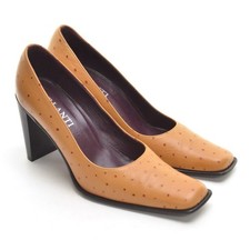 Vintage Ostrich-Embossed Leather Pointed-Toe Stiletto Heel Boots, Tan/Cream — listing 4
