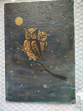 Vintage Original Oil Painting of Horned Owl with Daisies, Signed Hogan, Wood Frame — listing 3