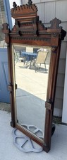 Antique Victorian Eastlake Carved Walnut Side Chair with Oval Tufted Upholstered Back, Brown Frame with Beige Seat (20"W x 41"H x 20"D)
