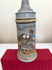 Vintage German Pewter Lidded Beer Stein with Relief Tavern Scene, Silver-Tone, 6" Tall — listing 4