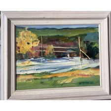 Framed Original Oil Painting Landscape by Smith, River Valley with Mountains, 53 x 29.5 in — listing 6