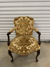 Traditional Mahogany-Finish Upholstered Armchair with Gold Striped Fabric