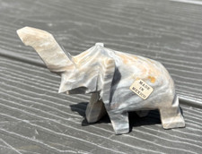 Hand-Carved Marbled Gemstone Elephant Figurine with Raised Trunk