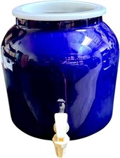 Ceramic Water Dispenser Crock with Southwestern Aztec Band Design and Plastic Spigot