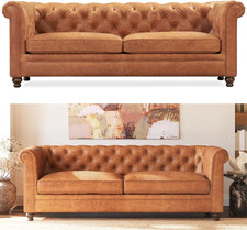 Vintage Cognac Tan Leather Three-Seat Sofa with English Roll Arms and Bun Feet — listing 4