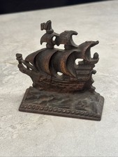 Vintage Cast Iron Galleon Ship Bookends (Pair) with Maltese Cross Sails