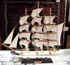 Vintage Wooden Model Whaling Ship on Base, Three-Masted Tall Ship Display Model — listing 4