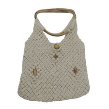Vintage Crochet Macrame Tote Bag with Suede-Trimmed Wooden Handles — listing 2