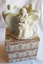 Vintage Bisque Porcelain Angel Girl Candle Holder Figurine with Star Cutouts and Gold Halo