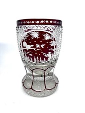 Bohemian White Cased Cranberry Cut-to-Clear Enameled Beaker Vase / Ranftbecher