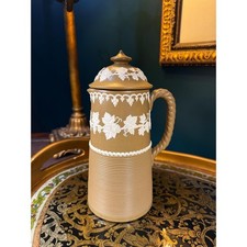 Antique Brown Jasperware Coffee Pot with White Classical Relief Figures and Grapevine Border