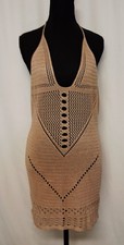 White Crochet Knit Halter Tie-Back Mini Dress / Beach Cover-Up with Ruffle Hem