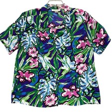 Vintage Tropical Hawaiian Floral Print Button-Up Blouse Brand name is legible