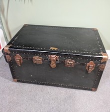 Vintage Black Steamer Trunk with Pink Wood-Grain Lined Interior — listing 5