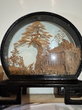 Vintage Chinese Carved Cork Diorama with Pagoda, Junk Boat and Landscape in Black Lacquer Frame, listing 3
