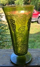 Sascka B Art Glass Cylinder Vase, Green with Embossed Grapevine Motif, 10" Tall — listing 6