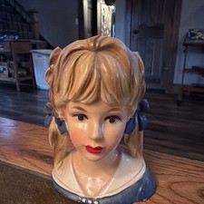 Vintage Inarco E-774 Lady Head Vase with Mint Hat, Pearl Earrings & Hand to Cheek