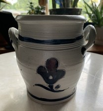 Antique Salt-Glaze Stoneware Crock with Blue Slip-Painted Leaf Decoration, Approx. 1 Gallon