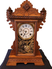 Antique Pressed Oak Gingerbread Mantel Clock with Roman Numeral Dial — listing 2