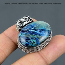 Gold Tone Round Cabochon Pendant Necklace with Blue-Green Azurite-Malachite Style Stone — listing 2