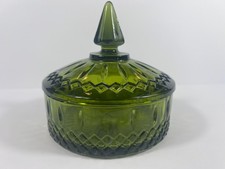 Vintage Green Pressed Glass Footed Covered Candy Dish with Grape & Leaf Pattern and Fruit Finial — listing 4