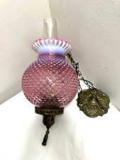 Antique Victorian Cranberry Glass Hanging Hall Lamp with Brass Font and Ceiling Canopy — listing 2