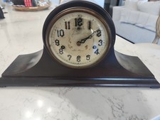 Antique Wall Clock with Gold and White Porcelain Dial, Walnut Case with Turned Columns and Ornate Brass Trim — listing 3