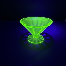 Vintage Uranium Green Depression Glass Footed Sundae Dish / Small Compote with Embossed Floral Scroll Pattern, 3 inches tall — listing 2