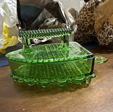 Vintage Green Glass Pedestal Candy Dish with Lid, Strawberry Pattern, Pointed Finial — listing 3