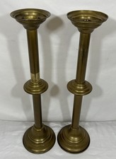 Pair of Vintage Tall Brass Floor Altar Candlesticks on Wood Bases — listing 2