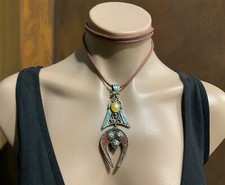 Tibetan/Nepalese Amber-Colored Resin Pendant with Repoussé Silver-Tone Caps and Turquoise Accents — listing 6