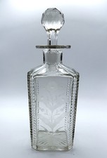 Vintage Cut Glass Square Whiskey Decanter with Faceted Stopper