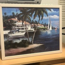 Large Framed Tropical Palm Tree Landscape Art Print, Ornate Silver-Gilt Frame, Double Matted Under Glass — listing 4