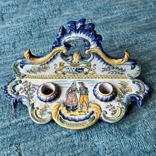 Antique French Faience Inkstand (Encrier) with Twin Inkwells - Yellow Mustard Ground with Hand-Painted Flowers, DE Mark Only the DE initials and wheel are prese — listing 5