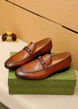 Gucci Men's Red Pebbled Leather Horsebit Driving Loafers with Web Stripe — listing 2