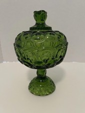 Vintage Green Glass Moon and Stars Pattern Ruffled Rim Footed Compote — listing 6