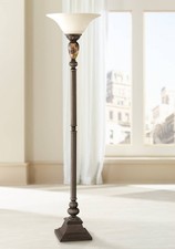 Vintage Torchiere Floor Lamp with Molded Glass Shade and Cast Metal Base