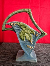 Roseville Pottery Bushberry Basket 371-10, Blue/Green with Berry & Leaf Motif — listing 2